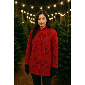 Carole Little Red Wool Floral Embroidered Coat Womens Large Jacket